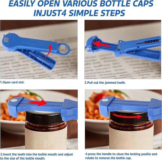 Jar Opener for Seniors with Arthritis, 7 in 1 Bottle Opener and Wine Corkscrew, Easy Grip Kitchen Gadget for Weak Hands Elderly, Retractable Jaw Lid Opener with Magnetic Storage (Blue)
