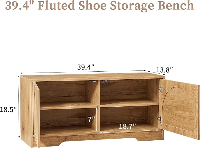 BERRYMERRY 39.4" Fluted Shoe Storage Bench for Entryway,2 Tier Shoe Cabinet Bench with Adjustable Shelf,Bench for Bedroom End of Bed (Natural, 13.8”D x 39.4”W x 18.5”H)