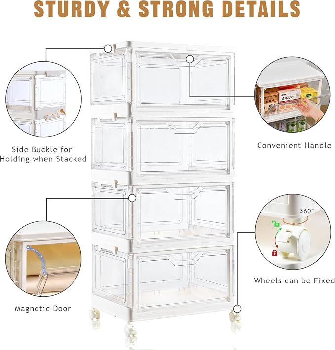 Freebat Collapsible Plastic Storage Bins with Wheels, Clear Stackable Storage Bins with Lid, Stackable Storage Bins with Open Door, Folding Storage Bins Organizer for Closet, Bedroom, Living Room