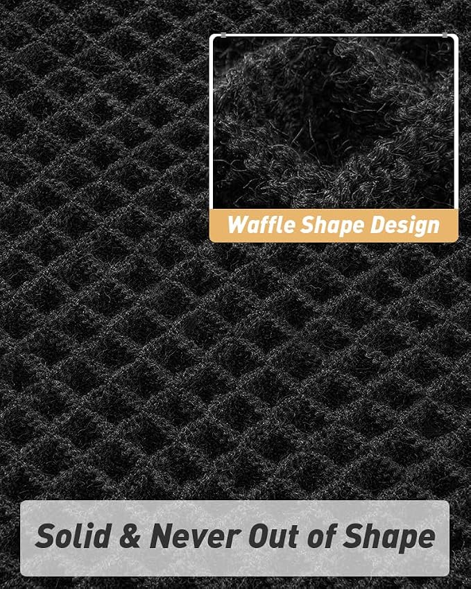 Upgraded Waffle Bath Mat Set of 2 Super Absorbent Non Slip Bath Mats for Bathroom Floor, Washable Boho Bathroom Rugs Set 2 Pieces with Tassels, Soft Bathroom Mat Set, Black, 18" x 30" Plus 24" x 48"