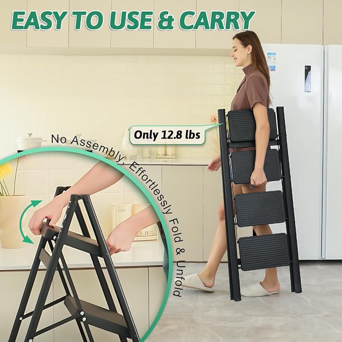 4-Step Folding Ladder, Heavy Duty Ladders for Home & Kitchen, Folding Ladder Easy to Store, Tall Ladder for Adults, Anti-Slip & Space-Saving Step Ladder, 330 Lbs Capacity