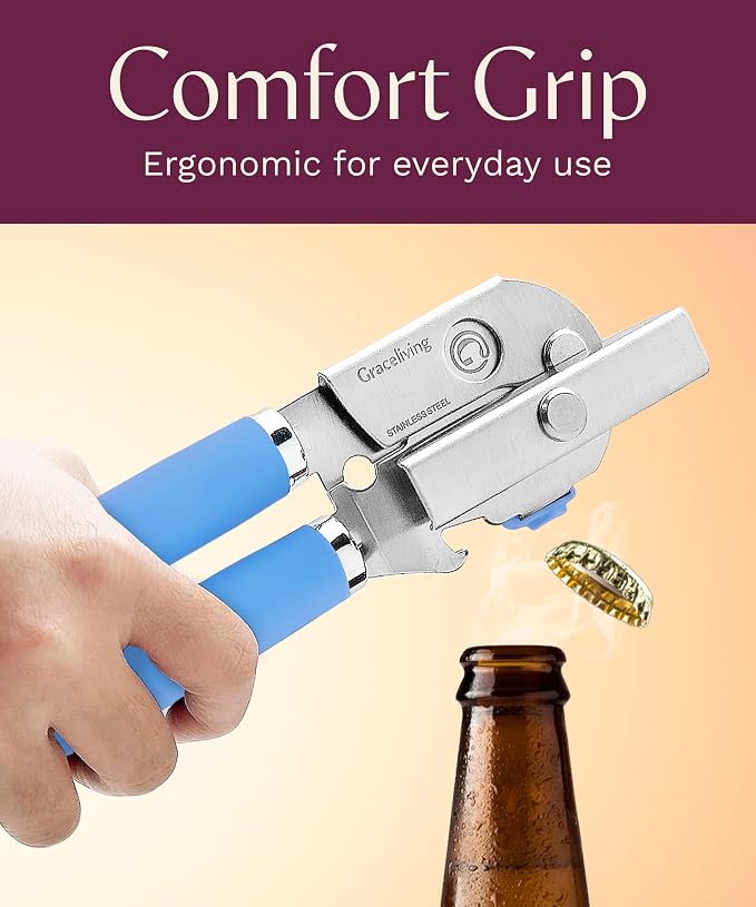 Premium Multifunctional Magnetic Manual Can Opener and Bottle Opener, Heavy Duty Stainless Steel Sharp Cutting Blade and Oversized Easy Turn Knob, Soft-Touch Handle, Kitchen Use, Blue
