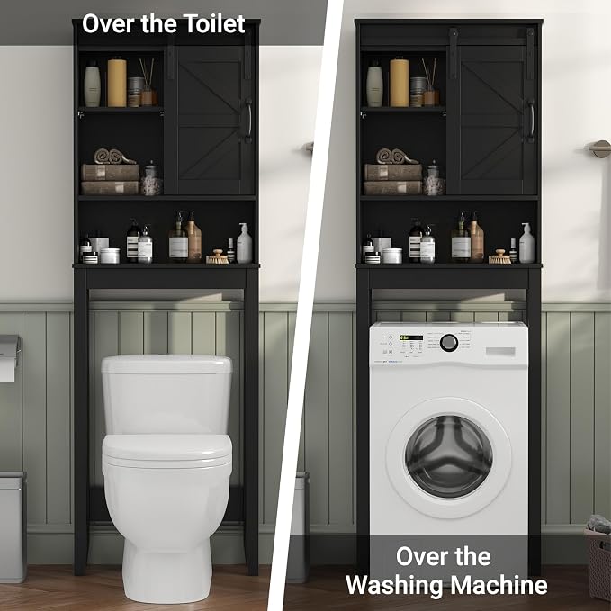 Over The Toilet Storage Cabinet, Bathroom Organizer with Adjustable Shelves and Anti-Tip Device, Space-Saving Storage Solution, Black