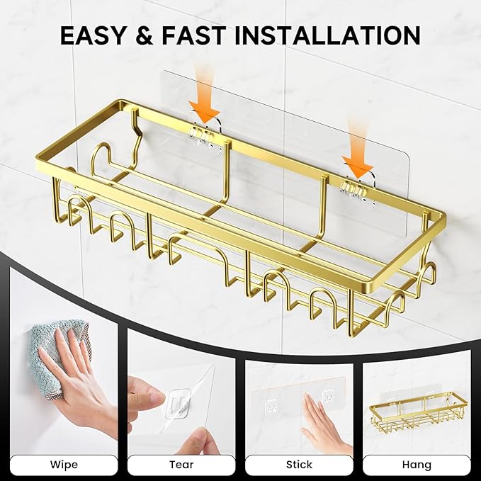 Shower Caddy, 3 Pack Shower Shelves for Inside Bathroom, Rustproof Adhesive Bathroom Organizer with Soap Holder, No Drilling Washroom Organizers and Storage for Bathtub Room/Kitchen/Home, Gold