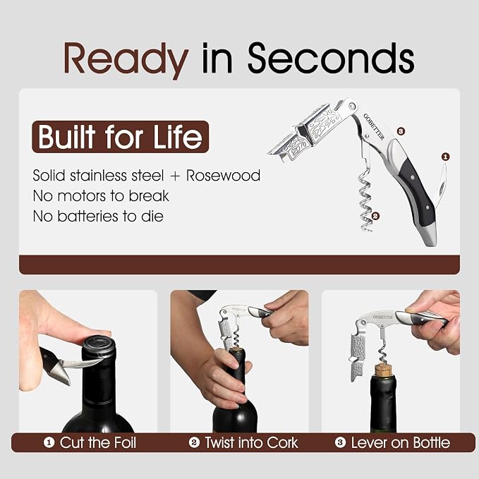 GOBETTER Wine Opener, Professional Corkscrews for Wine Bottles Cap Remover, Manual Wine Key for Home Use, Servers, Waiters Bartenders and Wine Lovers, Ebony Wood