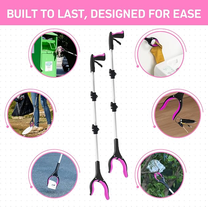 Grabber Reacher Tool for Seniors, 43" Foldable Reacher Grabbers Pickup Stick with Anti-Slip 360° Rotating Jaw, with Magnet for Disabled, After Surgery Recovery (Pink, 43inch 2pack)