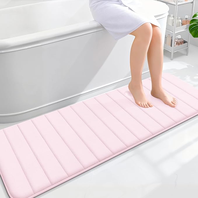 OLANLY Memory Foam Long Bathroom Rugs Runner 59x20, Super Soft Absorbent Bath Mat, Quick Dry, Machine Washable Shower Floor Rugs, Bathmat Carpet, Bathroom Home Decor Accessories, Pink