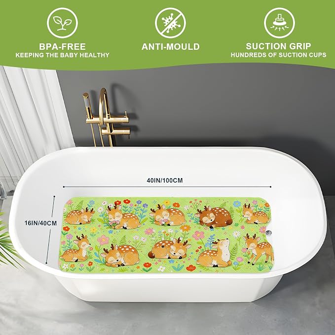XIYUNTE Baby Bath Mat for Tub Non Slip Kids, BPA Free Extra Long Bathtub Mat 40x16 with Drain Holes and 200 Suction Cups, Non Toxic Machine Washable Toddler Bath Mat, Eco-Friendly Certified