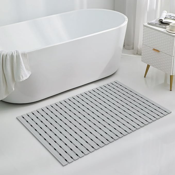 OTHWAY Large Shower Mat, 35.4 x 24 Inch No Suction Cup Shower Mat Non Slip, Quick Drain Shower Mats for Inside Shower, Heavy Duty PVC Shower Floor Mat, Curlable Shower Stall Mat (Light Grey)