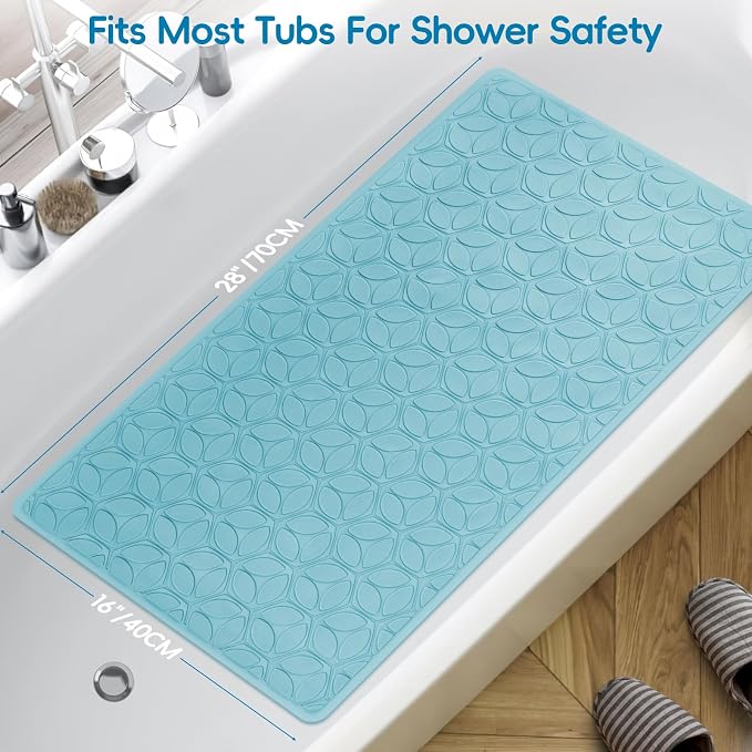 Bathtub Mat Non Slip with Suction Cups - 100% Rubber Bathroom Mat Textured for Bath Tub Shower Safety - Soft on Touch - BPA/PVC Free - Pet Dog Bath Mat - Machine Washable - 16 × 28 Inch（Blue）
