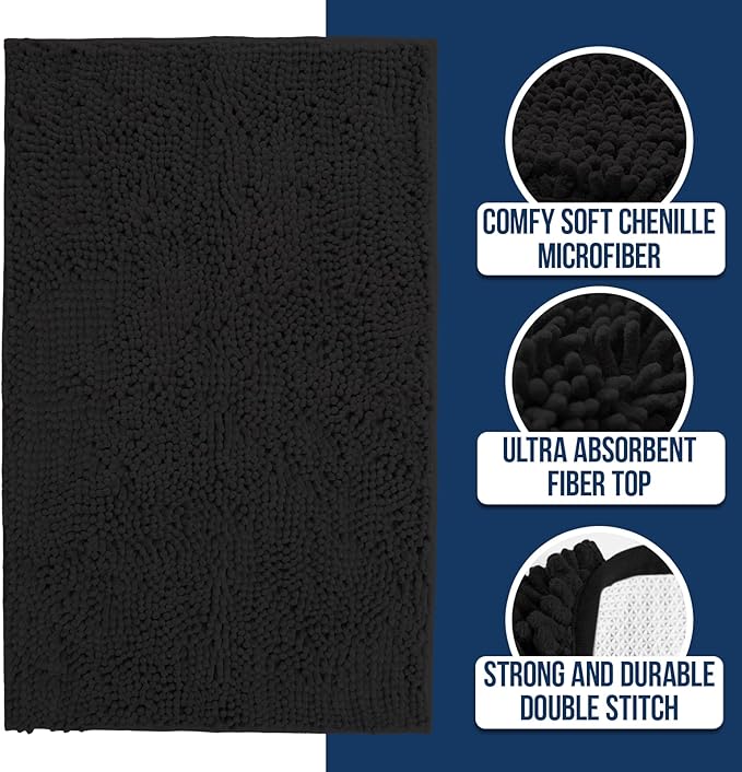 Muddy Mat® | Chenille Bathroom Rugs Quick Dry Microfiber Mats Non Slip Washable, Extra Thick, Soft and Highly Absorbent Bath Mats for Bathroom, Kitchen, and Shower Floor - Black 24"x35"