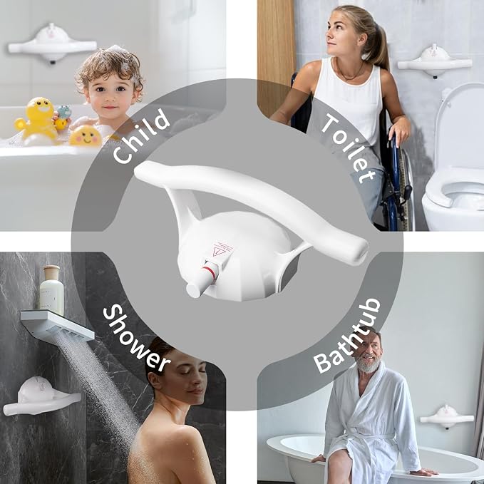 Patented Suction Shower Grab Bars 1-Pack, 5.5" Extra-Large Vacuum Cups with Safety Alert Line, Shower Handles for Elderly Suction Heavy Duty Shower Handle No Drill Installation
