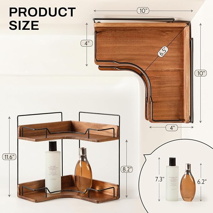 2-Tier Bathroom Counter Organizer, Wooden Corner Shelf for Vanity Countertop Skincare & Makeup, Storage and Organization for Kitchen