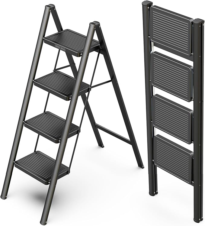 WOA WOA Step Ladder for Home, Foldable Step Stool for Kitchen with Non-Slip Pedals, Sturdy Ladders Supports up to 330 lbs, Compact and Portable - 4 Step/Black