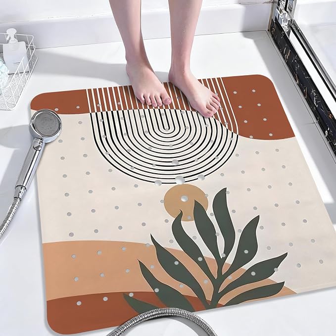 Leaves Square Anti Slip Shower Mats for Inside Shower Accessories, Boho Bath Mats for Bathroom Non Slip Shower Floor Mat Decor Rubber Bathmat with Suction and Drain Holes Machine Washable, 21″X21″