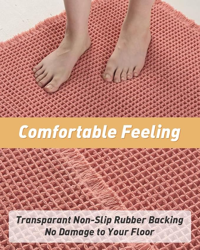 AMOAMI Upgraded Waffle Runner Rug Super Absorbent Non Slip Bath Mats for Bathroom Machine Washable Bathroom Runner Rug with Tassels, Ideal for Hallway Bedroom Laundry Room, Coral, 2'x 4'(24" x 48")