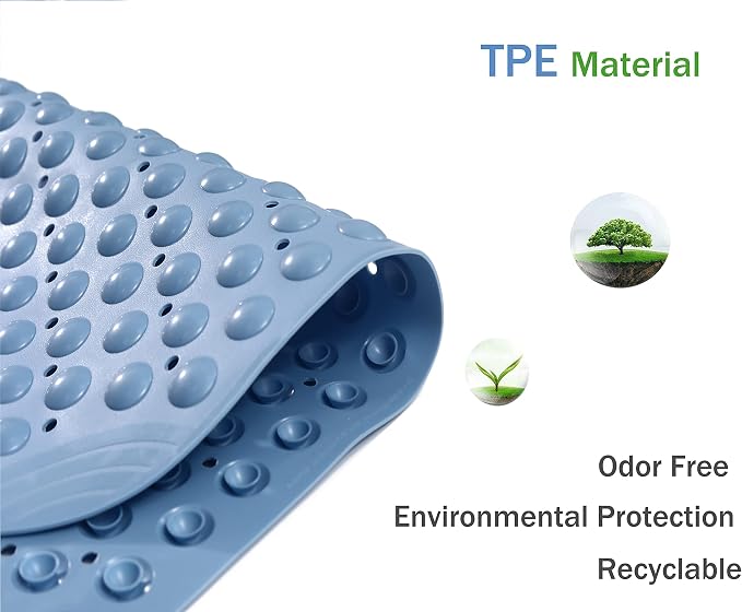 Bathtub Mat Non Slip TPE Bath Mat for Tub Bathroom Bath Tub Shower Mat for Kids Shower Floor Mat, Suction Cups Machine Washable Smooth/Non-Textured Tubs Only 35 x16 (Blue)