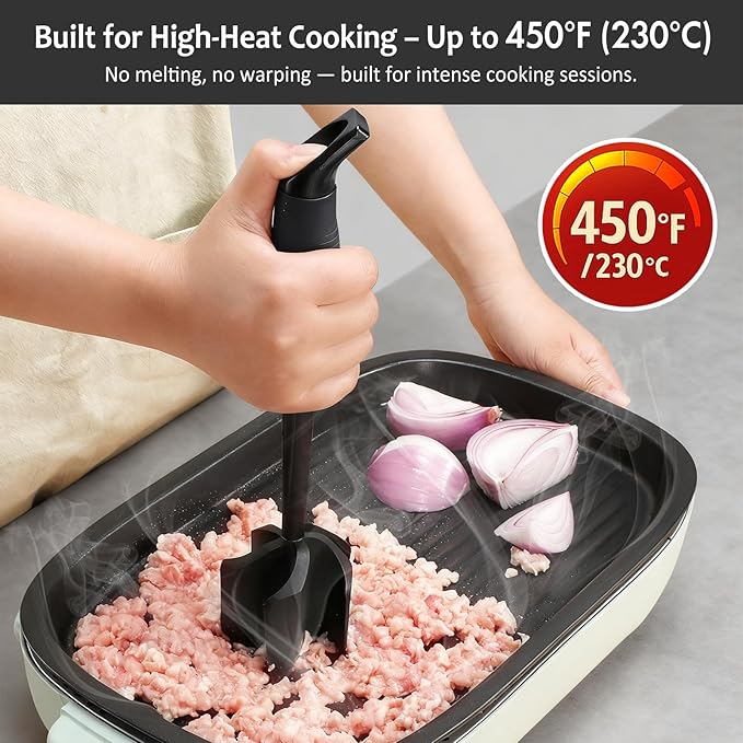 Ourokhome Meat Chopper and Potato Masher, Heat Resistant Nylon Ground Beef Smasher for Hamburger, 5 Curved Blades Nonstick Mixer & Stirrer, Practical Kitchen Gadgets, Black