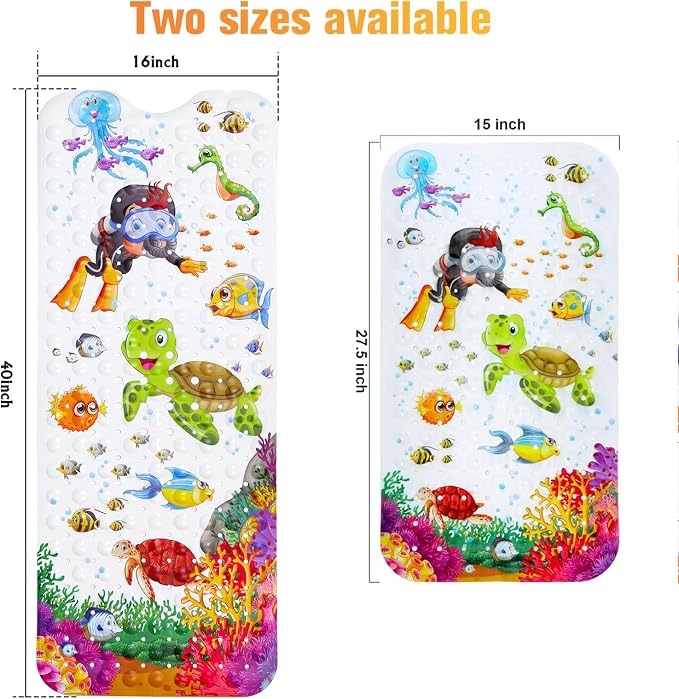 Bath Mat for Tub Non Slip, Machine Washable Anti Slip Cartoon Baby Bathtub Shower Mat with Drain Holes and Suction Cups for Toddler & Kids, 27.5 Inch x 15 Inch-Rectangular, Turtle