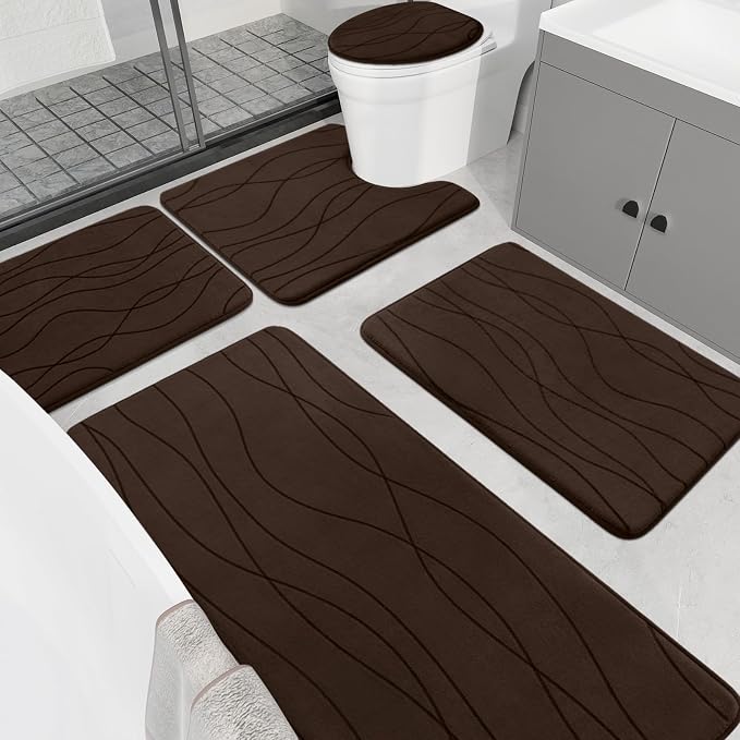 YIHOUSE Memory Foam Bathroom Rug Sets, Brown, 5 Piece | Ultra Soft, Absorbent, Non-Slip, Machine Washable