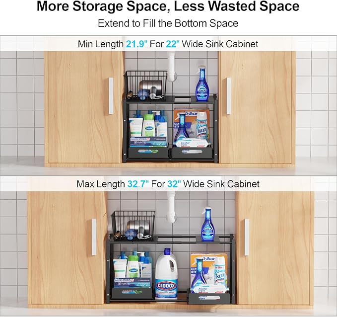 iSPECLE Extendable Under Sink Organizer - 2 Tier Expandable Under Cabinet Organizer Shelf with Height Adjustable Add Extra Space and Easy Access for 22" to 32" Wide Sink Cabinet, Black