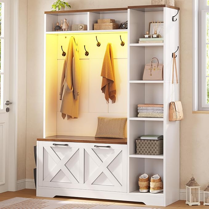 Itaar Hall Tree with Bench and Shoe Storage, Farmhouse Entryway Bench with Coat Rack, Shoe Cabinet with Flip Drawers, 7 Shelves, 10 Coat Hooks, Storage Bag, Led Lights, White