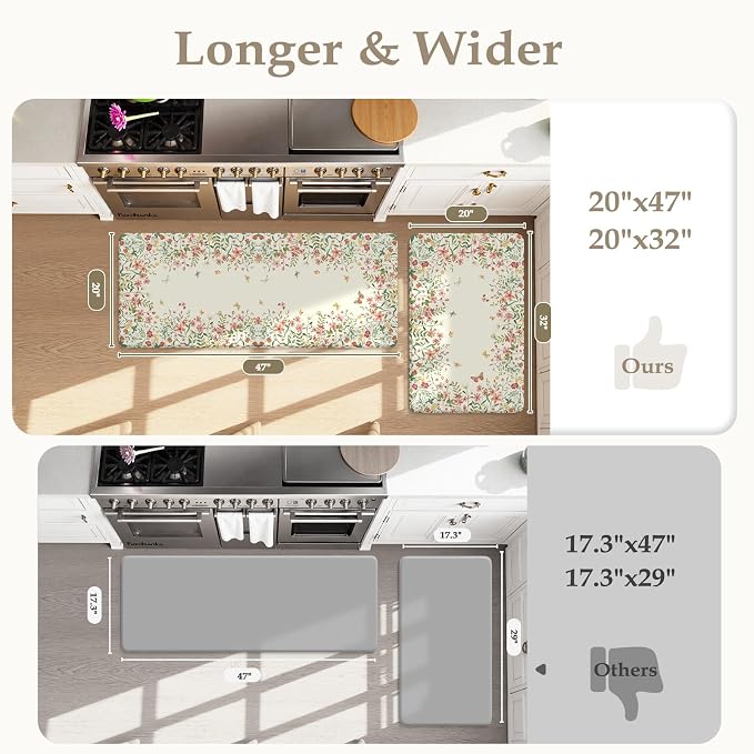 KIMODE Kitchen Mats for Floor Anti Fatigue, Flower Butterfly Kitchen Rugs Sets of 2, Cushioned Kitchen Floor Mats, Comfort Standing Mat for Sink Laundry Office Desk 20"x47"+20"x32" Beige