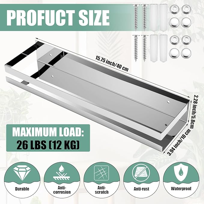 Lallisa 2 Pieces Stainless Steel Shelf Bathroom Shower Floating Shelves Wall Mounted Shower Caddy Basket Shelf Storage Organizer Shelves for Bathroom, Kitchen, Living Room (15.75 Inch/ 40 cm,Shiny)