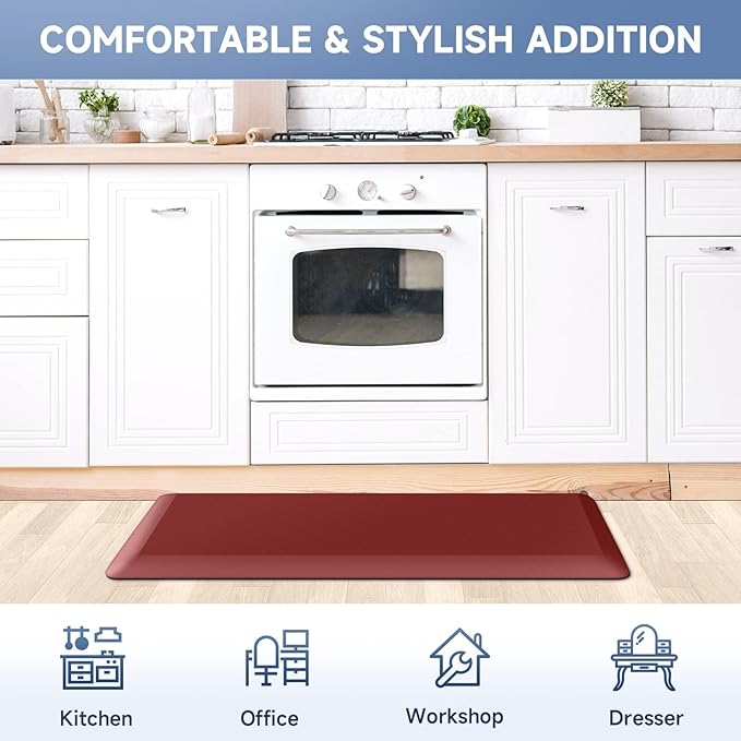 StepRite 4/5 Inch Thick Kitchen Mat Anti Fatigue Mat Kitchen Rugs Kitchen Decor Non-Slip, Stain & Water Resistant, Kitchen Mats Desk Mat for Kitchen, Office, Workshop, Red, 17'' x 39''