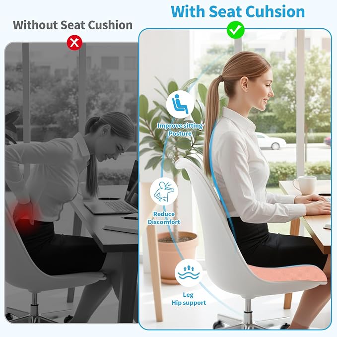 TranquilRelax Large Seat Cushion, Memory Foam Cushion for Long Sitting Hours on Office Chair, Home & Car, Non-Slip Chair Pad for Relieving Back & Sciatica & Hip & Coccyx Pain (Pink)