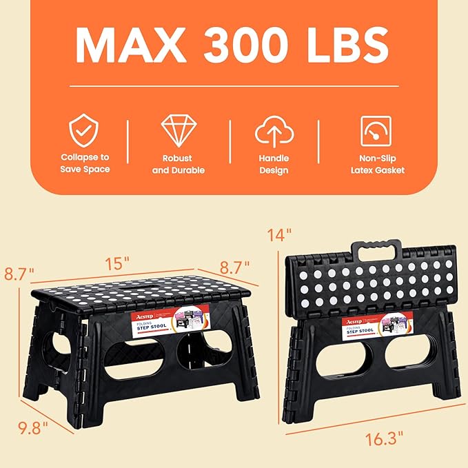 ACSTEP Folding Step Stool,15-Inch Extra Wide 9 Inch Height Heavy Duty Stepping Stool Safer and More Comfortable Non Slip Foldable Step Stool for Kids and Adults Black