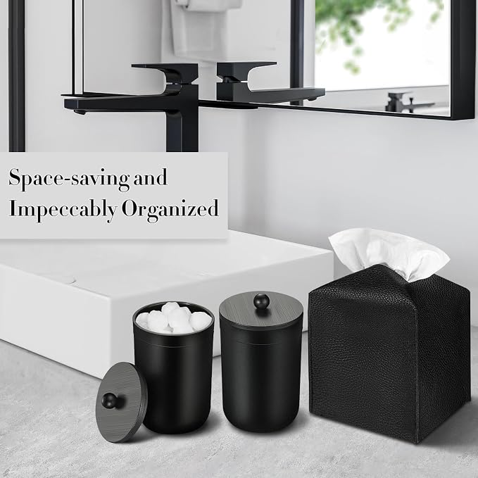 Black Bathroom Accessories Set, 10Pcs Bathroom Accessory Set with Trash Can, Soap Dispenser and Toothbrush Holder, Soap Dish, Cotton Ball & Qtip Holder, Toilet Brush Holder, Tissue Box Cover
