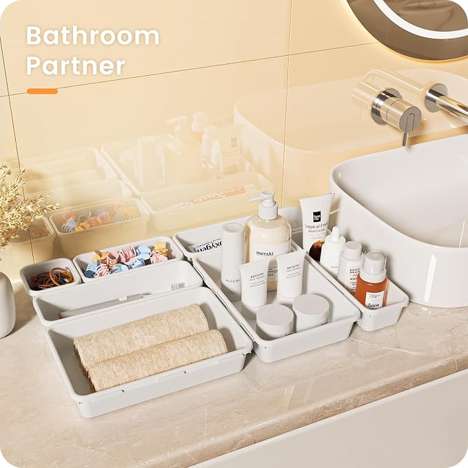 A-LuGei 【Military Grade】 Drawer Organizer, 【𝟱𝗦𝗶𝘇𝗲】 Makeup organizer, 【Holds 177 Items】 Bathroom Organizers and Storage, Organization and Storage, Desk Drawer Organizer for Vanity (White)