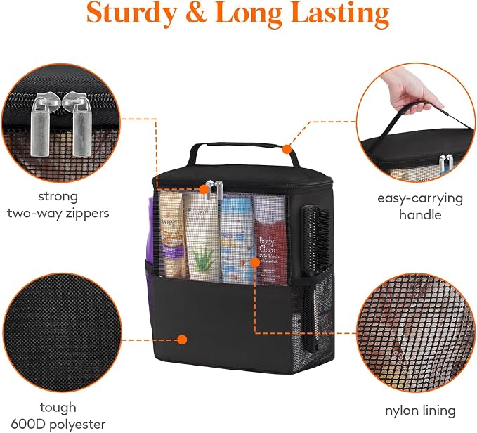 Lifewit Shower Bag Mesh Shower Caddy Portable College Dorm Room Essentials Tote Bag for Bathroom, Gym, Travel, Camping Quick Dry Hanging Shower Organizer Basket Toiletry Bag, Large, Black