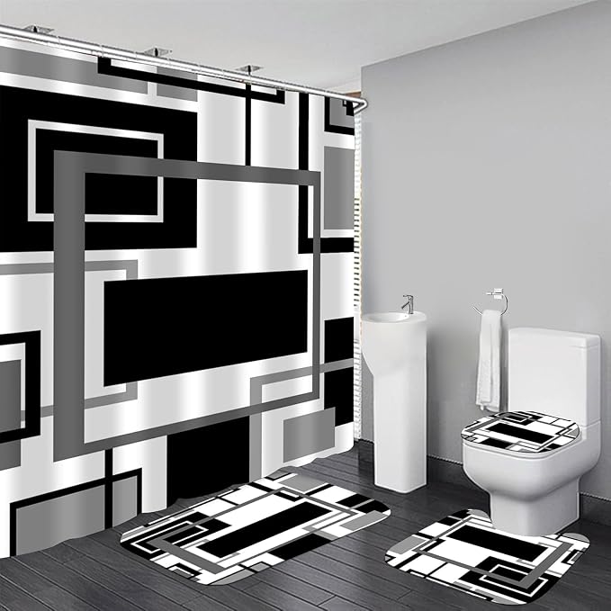 Yddsky 4 Pcs Black Geometric Shower Curtain Sets with Rugs Black Bathroom Sets with Shower Curtain and Rugs Modern Bathroom Curtains Shower Set with Toilet Lid Cover for Bathroom Decor Accessories