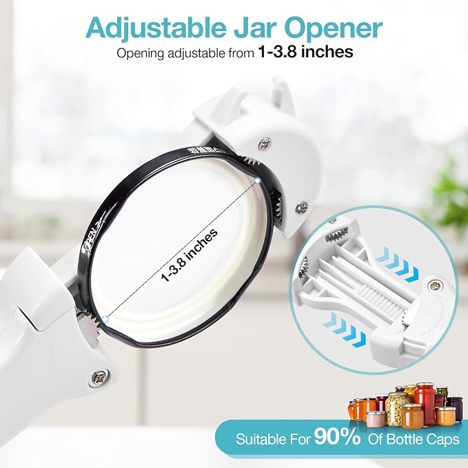 Jar Opener for Seniors with Arthritis, 7 in 1 Bottle Opener and Wine Corkscrew, Easy Grip Kitchen Gadget for Weak Hands Elderly, Retractable Jaw Lid Opener with Magnetic Storage (Off-White)