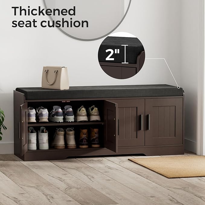 Homleke 2-Tier Storage Bench, Shoe Bench with Thickened Padded Seat Cushion, Entryway Bench with 4 Doors, Adjustable Shelf, 13.8" D x 45.3" W x 18.5" H, for Entryway, Living Room, Bedroom, Brown