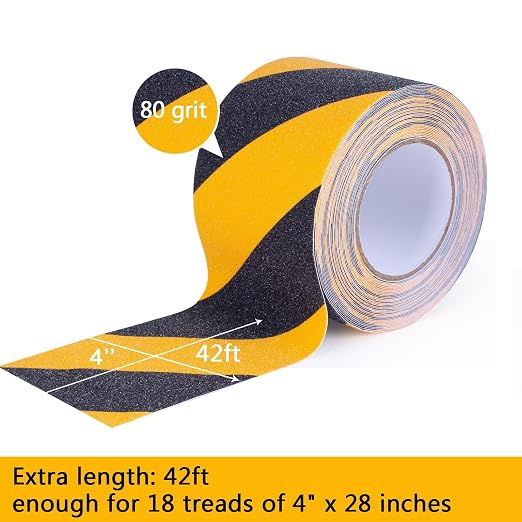 Anti Slip Tape, 4 Inch x 42 Ft Grip Tape for Stairs Outdoor/Indoor, Waterproof Non Skid Roll for Stair Treads Non Slip, High Traction Friction Abrasive Adhesive Stair Steps, Caution Yellow/Black