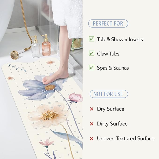 SHUCHING Watercolor Flower Bath Mat for Tub Non Slip-40 X 16Inch, Bathtub Mat Anti Slip for Women, Extra Long Shower Mat for Bathroom Mold Free, Machine Washable