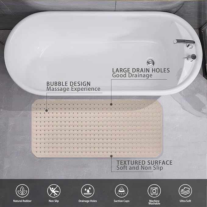 Extra Large Non-Slip Bathtub Mat, 36x17” TPR Shower Mat with 198+ Suction Cups, Bath Mat for Elderly/Kids, Machine Washable & Fast Drainage, Foot Massage Design (Khaki, Extra Large)