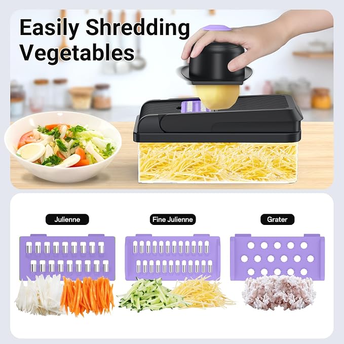 SpaceHacks 15-in-1 Vegetable Chopper, Kitchen Gadgets with 10 Blades, Veggie, Food, Onion Chopper, Cucumber Slicer, Versatile Mandoline, Includes Egg Separator & Finger Guard, Purple