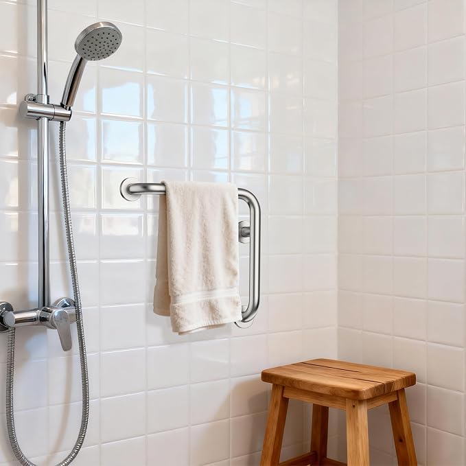 L-Shaped Angled Shower Grab Bar w/Straight Bathroom Safety Handrail 16 Inch, iHansee Brushed Nickel Handicap Grab Bar Wall Mounted, Toilet Bathtub Balance Support Bar for Elderly Seniors Injury