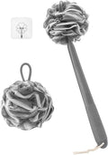 Non-Slip Back Scrubber with 17" Plastic Handle, Hand Shower Loofah & Loofah on a Stick Set, Deep Gray with White Edge