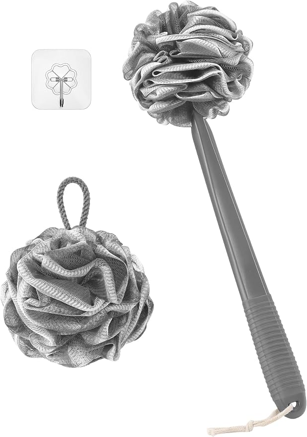 Non-Slip Back Scrubber with 17" Plastic Handle, Hand Shower Loofah & Loofah on a Stick Set, Deep Gray with White Edge