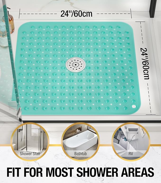 HITSLAM Shower Bathtub Mat Non Slip, 24"x 24" Bath Mat for Tub, Soft PVC Shower Mats for Inside Shower with Suction Cups and Center Drain Hole, Machine Washable Bathroom Floor Mat, Green