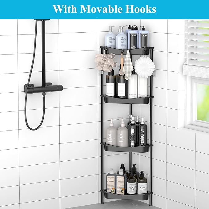 HuggieGems 4 Tier Floor Standing Corner Shower Caddy Organizer Shelf with Hooks, Bathroom Shelves Stand Rack, Jet Black