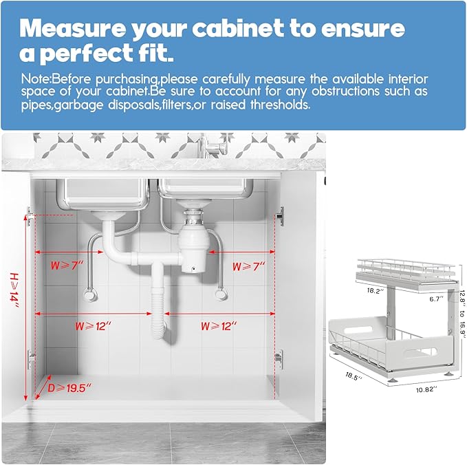 Under Sink Organizer Upgrade To Professional Rails,2-Tier Dual Pull Out Cabinet Storage,Height Adjustable Slide Out Drawers For Bathroom Kitchen,2 Pack-18.5"Dx12.8"-16.9"H,White
