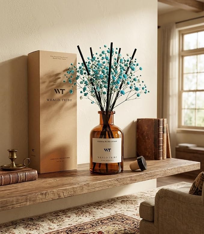 WEALD TRIBE Flower Reed Diffuser Set Ocean Mist & Sea Salt Scent for Bathroom Air Fresheners | 4.0 fl oz Essential Oils with Sticks Home Fragrance Defusers | House Bedroom Office Shelf Decor & Gift