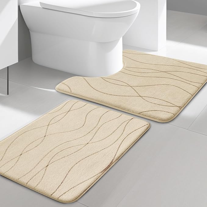 YIHOUSE Memory Foam Bathroom Rug Sets, Khaki, 2 Piece-U Shape & Small Mat | Ultra Soft, Absorbent, Non-Slip, Machine Washable