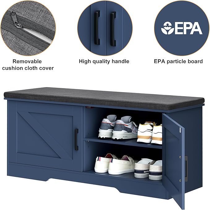 HOMSHO 2-Tier Storage Bench, 39.4" Wide Shoe Bench with Padded Seat Cushion, Entryway Bench with 2 Barn Doors and Adjustable Shelf, Blue